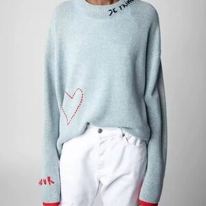 Zadig & Voltaire Women's Light Blue Sweater with Red Accents